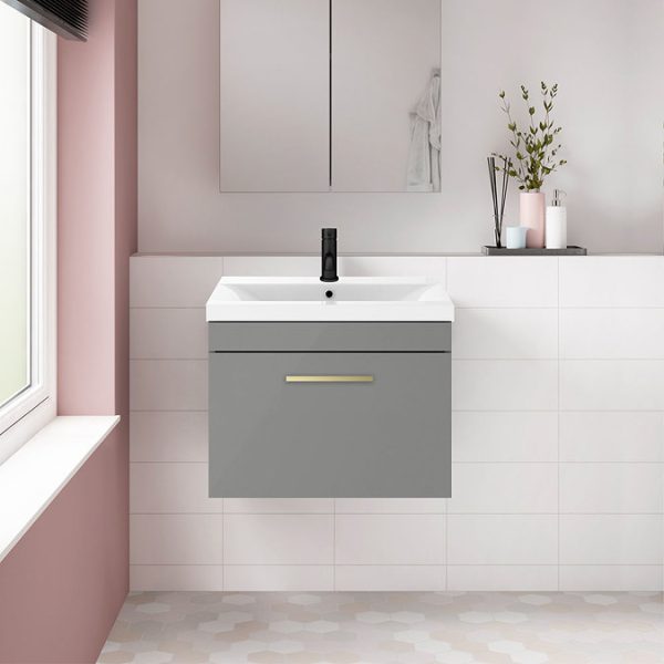 Arezzo 600 Matt Grey Wall Hung 1 Drawer Vanity Unit with Brushed Brass Handle - Image 4