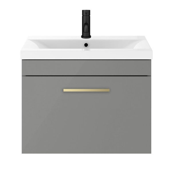 Arezzo 600 Matt Grey Wall Hung 1 Drawer Vanity Unit with Brushed Brass Handle - Image 2