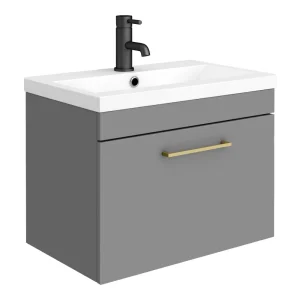 Arezzo 600 Matt Grey Wall Hung 1 Drawer Vanity Unit with Brushed Brass Handle