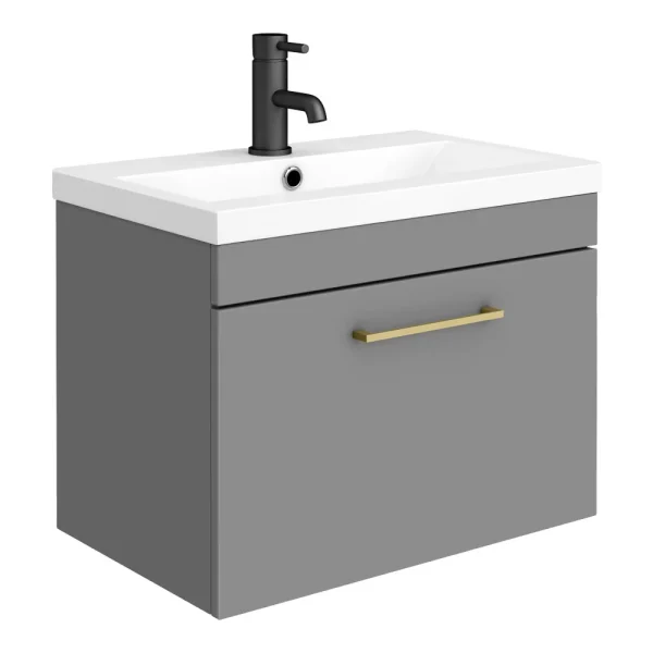 Arezzo 600 Matt Grey Wall Hung 1 Drawer Vanity Unit with Brushed Brass Handle