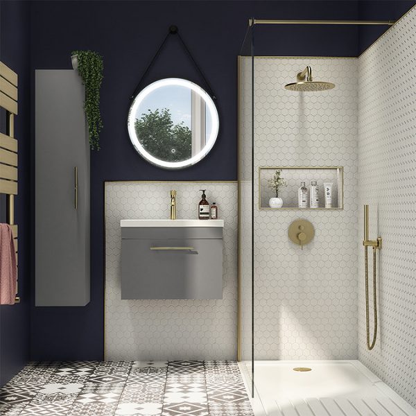 Arezzo Wall Hung Vanity Unit   Matt Grey   600mm with Industrial Style Brushed Brass Handle - Image 5