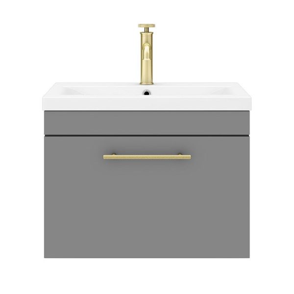Arezzo Wall Hung Vanity Unit   Matt Grey   600mm with Industrial Style Brushed Brass Handle - Image 6