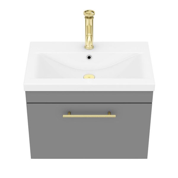 Arezzo Wall Hung Vanity Unit   Matt Grey   600mm with Industrial Style Brushed Brass Handle - Image 7