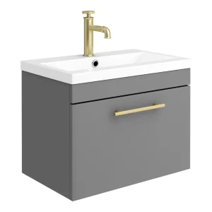Arezzo Wall Hung Vanity Unit   Matt Grey   600mm with Industrial Style Brushed Brass Handle