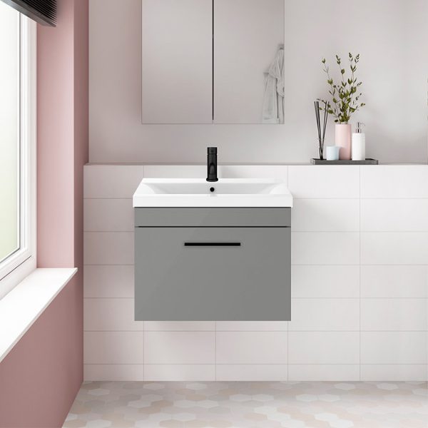 Arezzo 600 Matt Grey Wall Hung 1 Drawer Vanity Unit with Matt Black Handle - Image 4