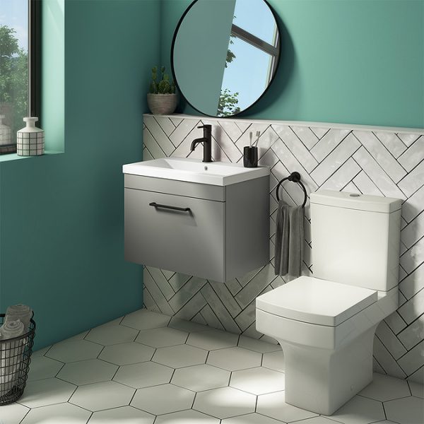 Arezzo 600 Matt Grey Wall Hung 1 Drawer Vanity Unit with Matt Black Handle - Image 2