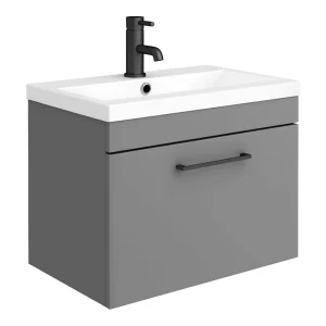 Arezzo 600 Matt Grey Wall Hung 1 Drawer Vanity Unit with Matt Black Handle