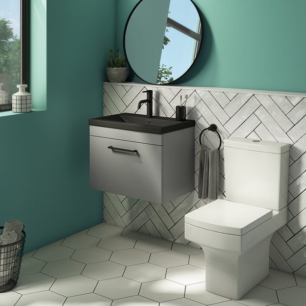 Arezzo 600 Matt Grey Wall Hung Vanity Unit with Matt Black Basin + Black Handle - Image 5