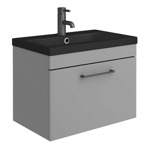 Arezzo 600 Matt Grey Wall Hung Vanity Unit with Matt Black Basin + Black Handle - Image 6