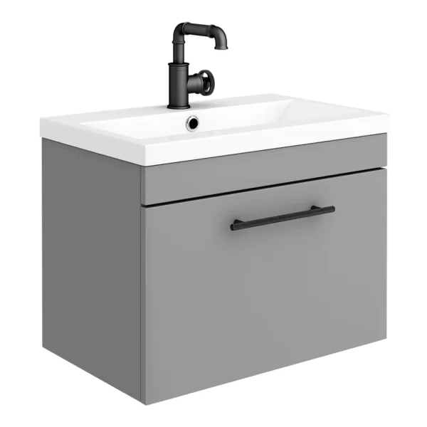 Arezzo Wall Hung Vanity Unit   Matt Grey   600mm with Industrial Style Black Handle