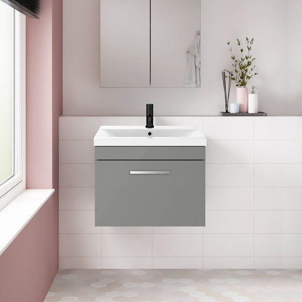 Arezzo 600 Matt Grey Wall Hung 1 Drawer Vanity Unit with Chrome Handle - Image 4