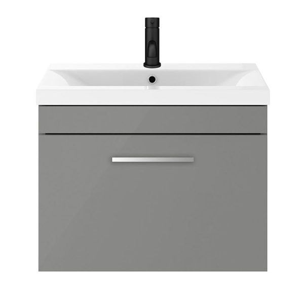Arezzo 600 Matt Grey Wall Hung 1 Drawer Vanity Unit with Chrome Handle - Image 2