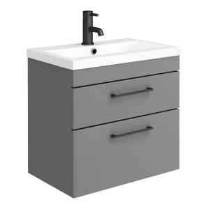 Arezzo 600 Matt Grey Wall Hung 2 Drawers Vanity Unit with Matt Black Handles
