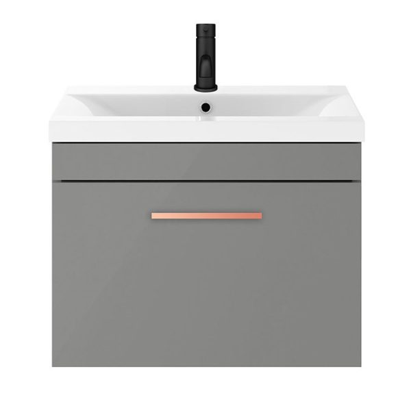 Arezzo 600 Matt Grey Wall Hung 1 Drawer Vanity Unit with Rose Gold Handle - Image 6