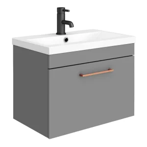 Arezzo 600 Matt Grey Wall Hung 1 Drawer Vanity Unit with Rose Gold Handle