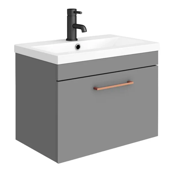 Arezzo 600 Matt Grey Wall Hung 1 Drawer Vanity Unit with Rose Gold Handle