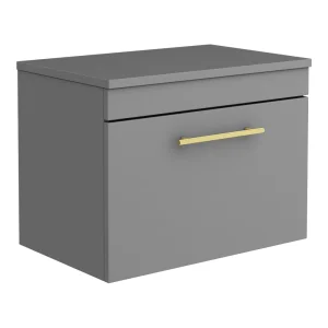 Arezzo Wall Hung Countertop Vanity Unit   Matt Grey   600mm with Industrial Style Brushed Brass Handle