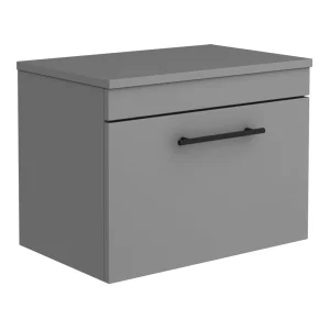 Arezzo Wall Hung Countertop Vanity Unit   Matt Grey   600mm with Industrial Style Black Handle