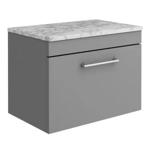 Arezzo Wall Hung Countertop Vanity Unit   Matt Grey   600mm w. Matt White Marble Worktop & Chrome Handle