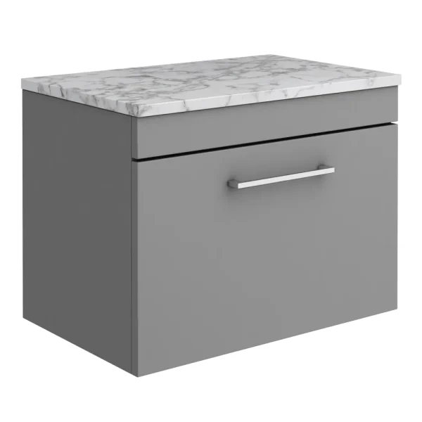 Arezzo Wall Hung Countertop Vanity Unit   Matt Grey   600mm w. Matt White Marble Worktop & Chrome Handle