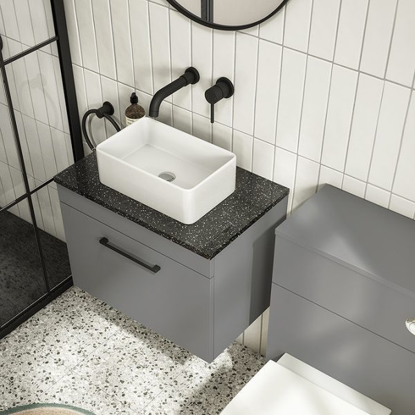 Arezzo Wall Hung Countertop Vanity Unit   Matt Grey   600mm with Black Worktop & Matt Black Handle - Image 5