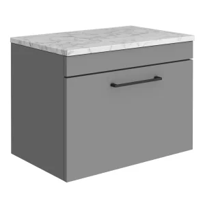 Arezzo Wall Hung Countertop Vanity Unit   Matt Grey   600mm w. Matt White Marble Worktop & Black Handle