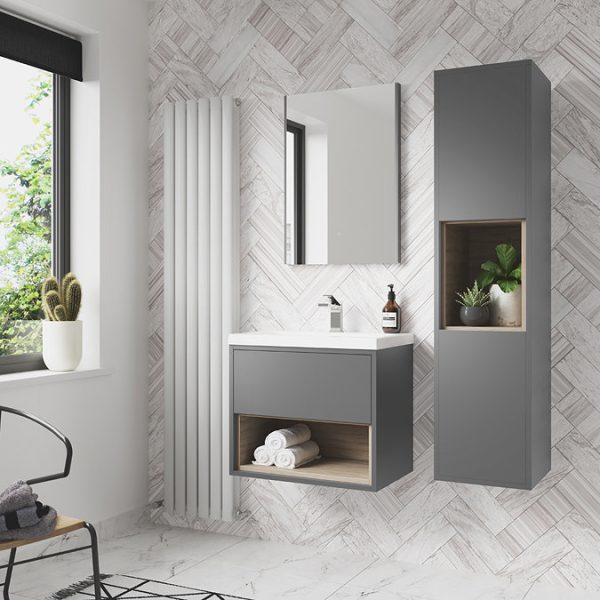 Arezzo Senza 500mm Matt Grey / Vicenza Oak Wall Hung Vanity Unit with Open Shelf + Ceramic Basin - Image 2