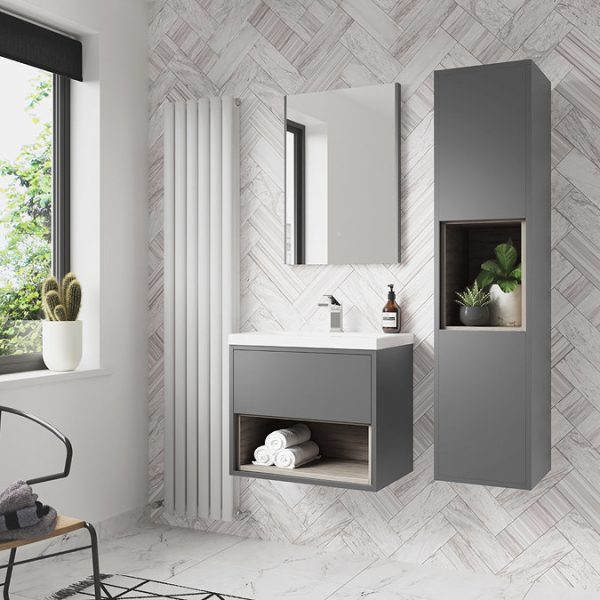 Arezzo Senza 600mm Matt Grey / Vicenza Oak Wall Hung Vanity Unit with Open Shelf + Ceramic Basin - Image 3