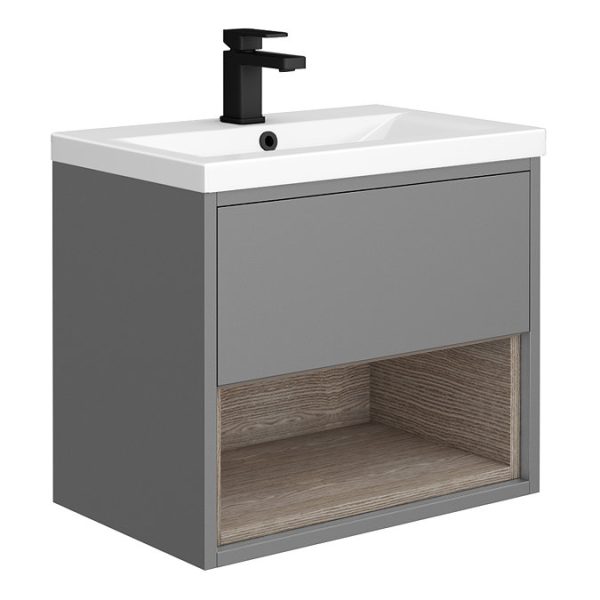 Arezzo Senza 600mm Matt Grey / Vicenza Oak Wall Hung Vanity Unit with Open Shelf + Ceramic Basin - Image 4
