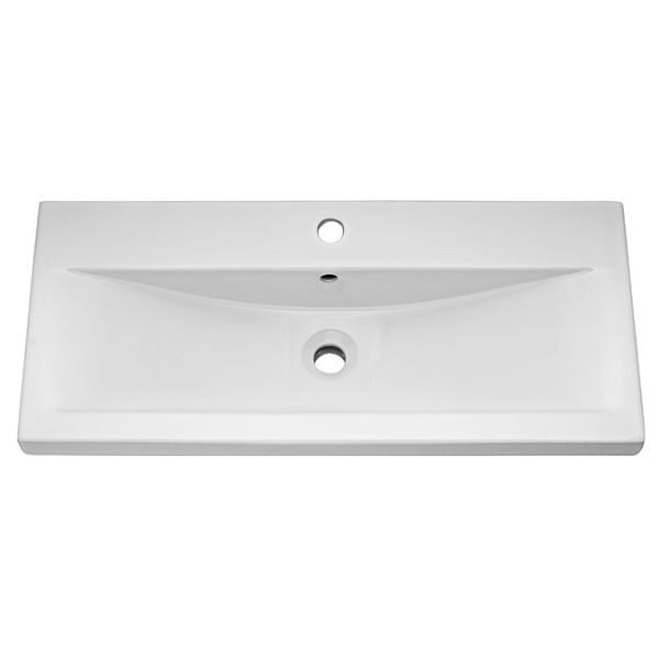 Arezzo Senza 800mm Matt Black / Vicenza Oak Wall Hung Vanity Unit with Open Shelf + Ceramic Basin - Image 2