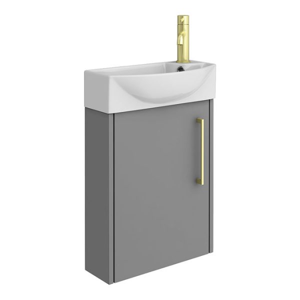 Arezzo Matt Grey 450mm 1TH Wall Hung Cloakroom Vanity Unit with Brushed Brass Handle - Image 2