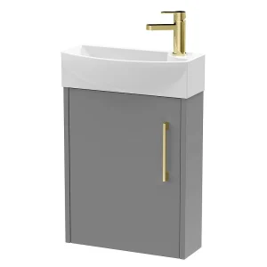 Arezzo Matt Grey 450mm 1TH Wall Hung Cloakroom Vanity Unit with Brushed Brass Handle