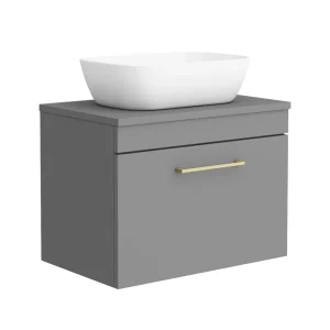 Arezzo Wall Hung Countertop Basin Unit   Grey with Brushed Brass Handle   600mm inc. Basin