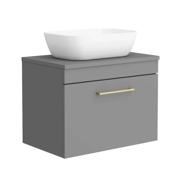 Arezzo Wall Hung Countertop Basin Unit   Grey with Brushed Brass Handle   600mm inc. Basin