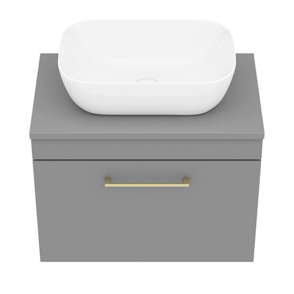 Arezzo Wall Hung Countertop Basin Unit   Grey with Brushed Brass Handle   600mm inc. Basin - Image 6