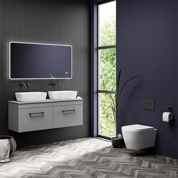 Arezzo Matt Grey Wall Hung Double Countertop Vanity Unit incl. 2 Basins (1200mm w. Matt Black Handles) - Image 6