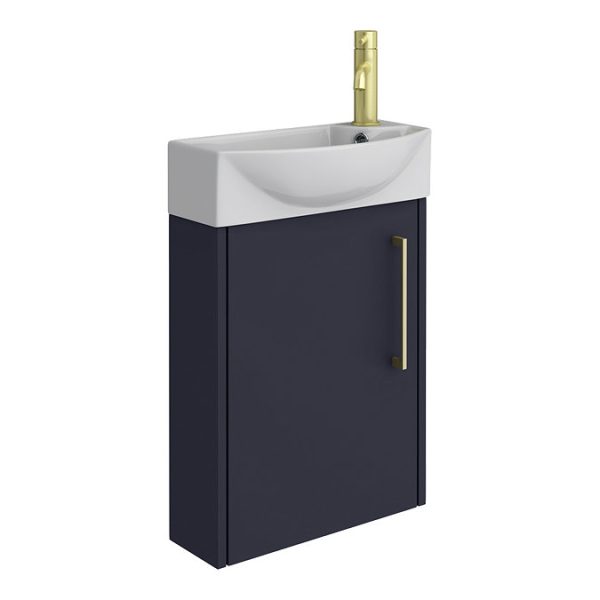 Arezzo Matt Blue 450mm 1TH Wall Hung Cloakroom Vanity Unit with Brushed Brass Handle - Image 2