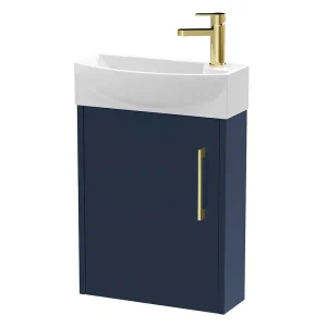 Arezzo Matt Blue 450mm 1TH Wall Hung Cloakroom Vanity Unit with Brushed Brass Handle