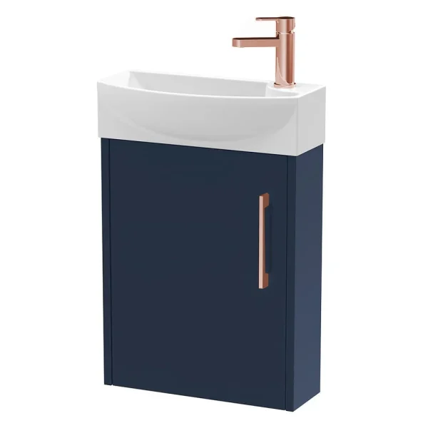 Arezzo Matt Blue 450mm 1TH Wall Hung Cloakroom Vanity Unit With Rose Gold Handle