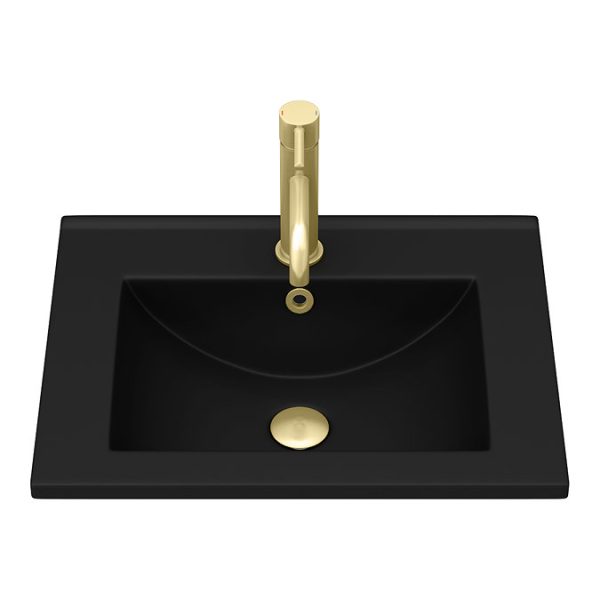 Arezzo 500 Matt Black Floor Standing Vanity Unit with Matt Black Slimline Basin + Brushed Brass Handles - Image 2