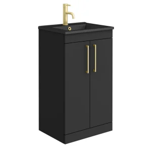 Arezzo 500 Matt Black Floor Standing Vanity Unit with Matt Black Slimline Basin + Brushed Brass Handles