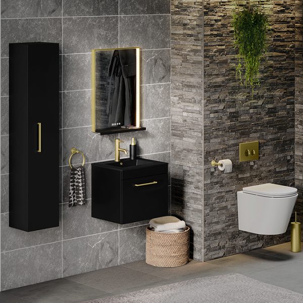 Arezzo 500 Matt Black Wall Hung 1 Drawer Vanity Unit with Matt Black Slimline Basin + Brushed Brass Handle - Image 2