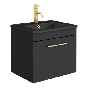 Arezzo 500 Matt Black Wall Hung 1 Drawer Vanity Unit with Matt Black Slimline Basin + Brushed Brass Handle