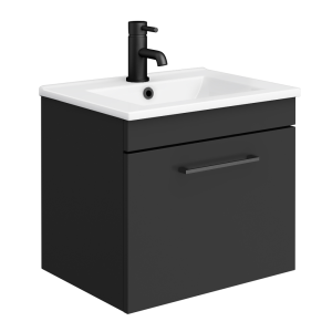 Arezzo 500 Matt Black Wall Hung 1 Drawer Vanity Unit with White Slimline Basin + Matt Black Handle