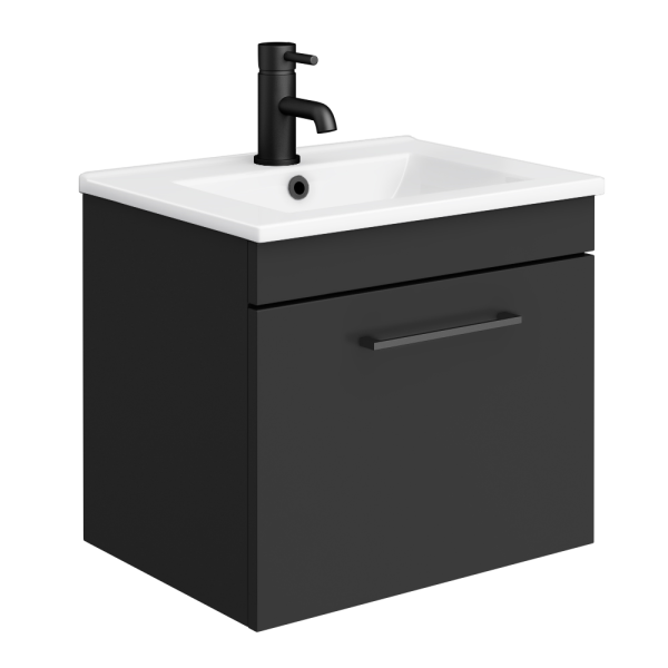 Arezzo 500 Matt Black Wall Hung 1 Drawer Vanity Unit with White Slimline Basin + Matt Black Handle