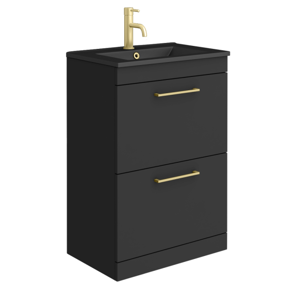 Arezzo 600 Matt Black Floor Standing 2 Drawer Vanity Unit with Matt Black Slimline Basin + Brushed Brass Handles