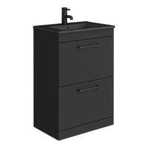 Arezzo 600 Matt Black Floor Standing 2 Drawer Vanity Unit with Matt Black Slimline Basin + Handles