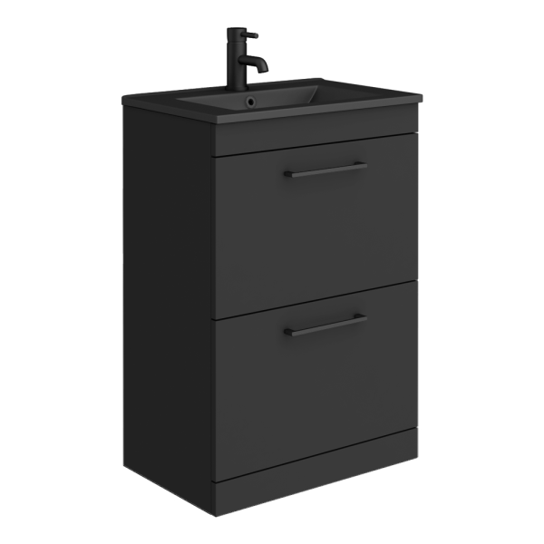 Arezzo 600 Matt Black Floor Standing 2 Drawer Vanity Unit with Matt Black Slimline Basin + Handles
