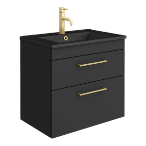 Arezzo 600 Matt Black Wall Hung 2 Drawer Vanity Unit with Matt Black Slimline Basin + Brushed Brass Handles