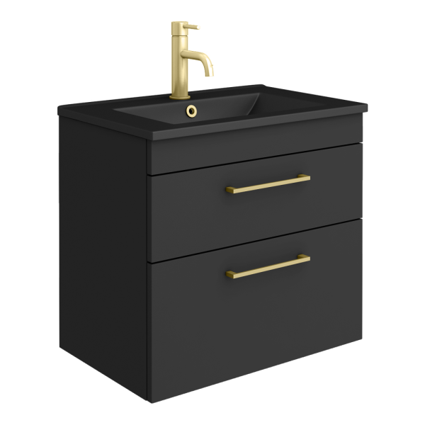 Arezzo 600 Matt Black Wall Hung 2 Drawer Vanity Unit with Matt Black Slimline Basin + Brushed Brass Handles